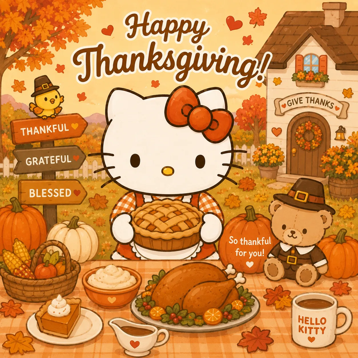 Hello Kitty Thanksgiving coloring pages illustration with Hello Kitty holding a pie beside a Thanksgiving feast, turkey, pumpkins, and a pilgrim teddy bear.