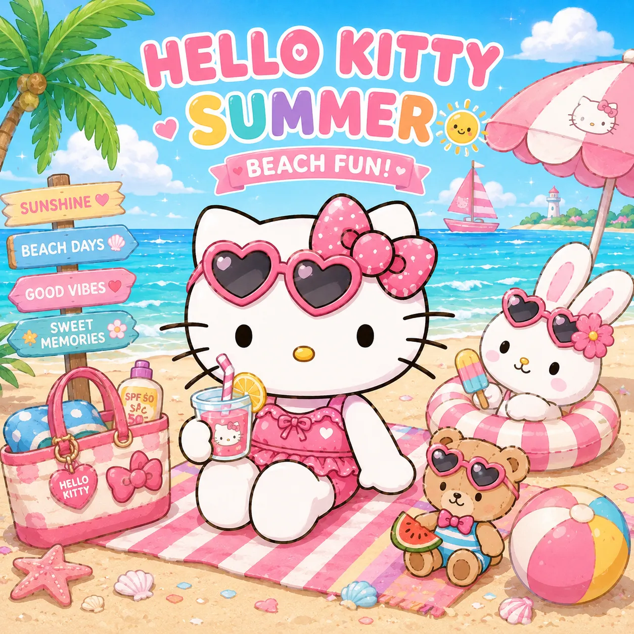 Hello Kitty summer coloring pages illustration with Hello Kitty relaxing on the beach in heart sunglasses, surrounded by a bunny, teddy bear, and beach toys.