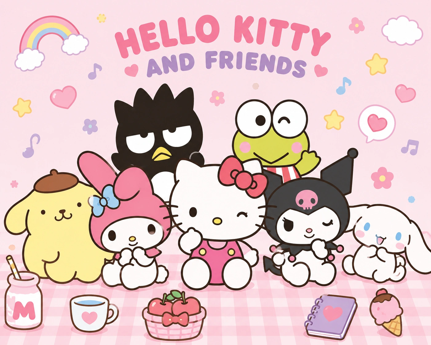 Hello Kitty and Friends featuring Hello Kitty, My Melody, Kuromi, Cinnamoroll, Keroppi, Badtz-Maru, and Pompompurin in a cute pastel kawaii group illustration.