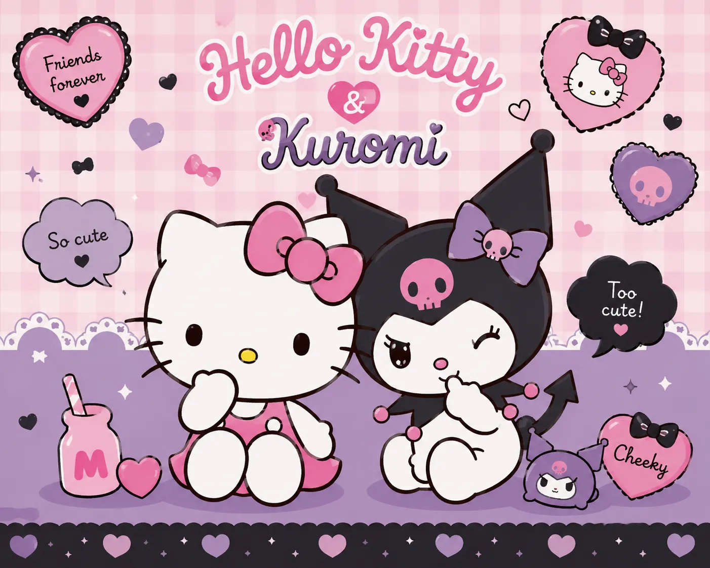 Hello Kitty and Kuromi friends forever illustration with pink and purple gingham background, hearts, and speech bubbles.