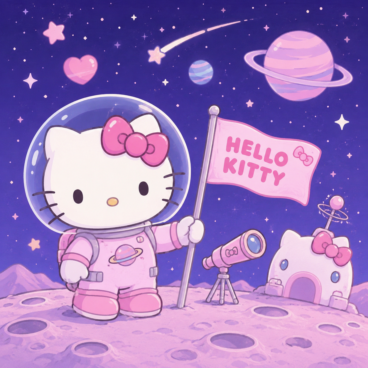 Hello Kitty dressed as an astronaut standing on the moon with a pink flag, planets, and stars, perfect for hello kitty coloring pages PDF.