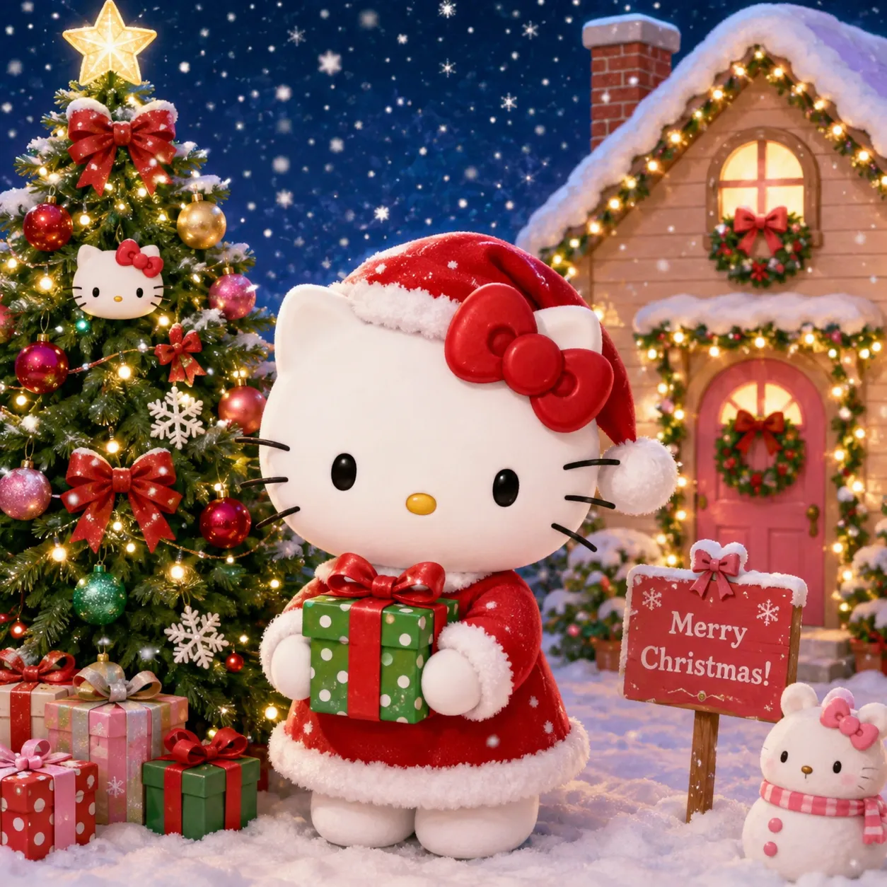 Hello Kitty wearing a Santa outfit and holding a Christmas gift beside a decorated tree, perfect for hello kitty christmas coloring pages.