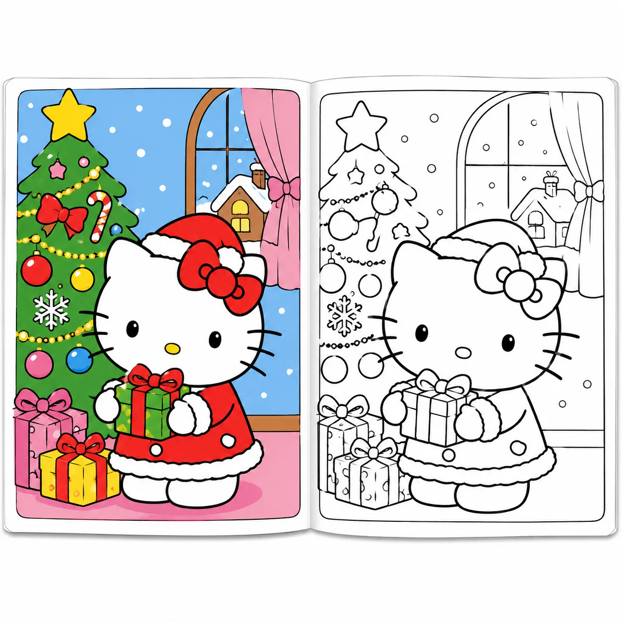 Open coloring book featuring Hello Kitty in a Santa outfit holding a gift beside a decorated Christmas tree, ideal for coloring book pages Hello Kitty.