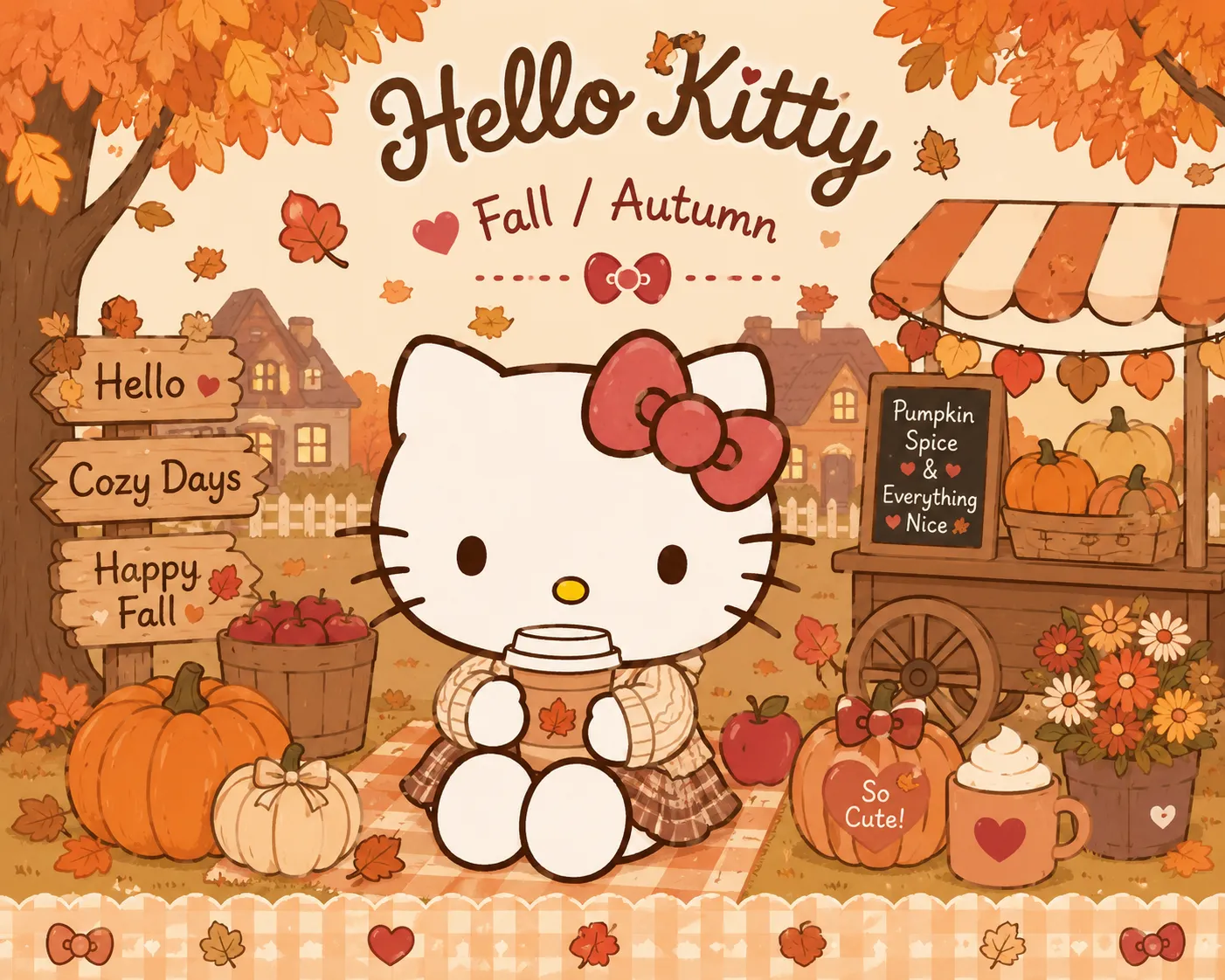 Hello Kitty cozy autumn scene with pumpkins, apples, and fall market stand in orange plaid theme.
