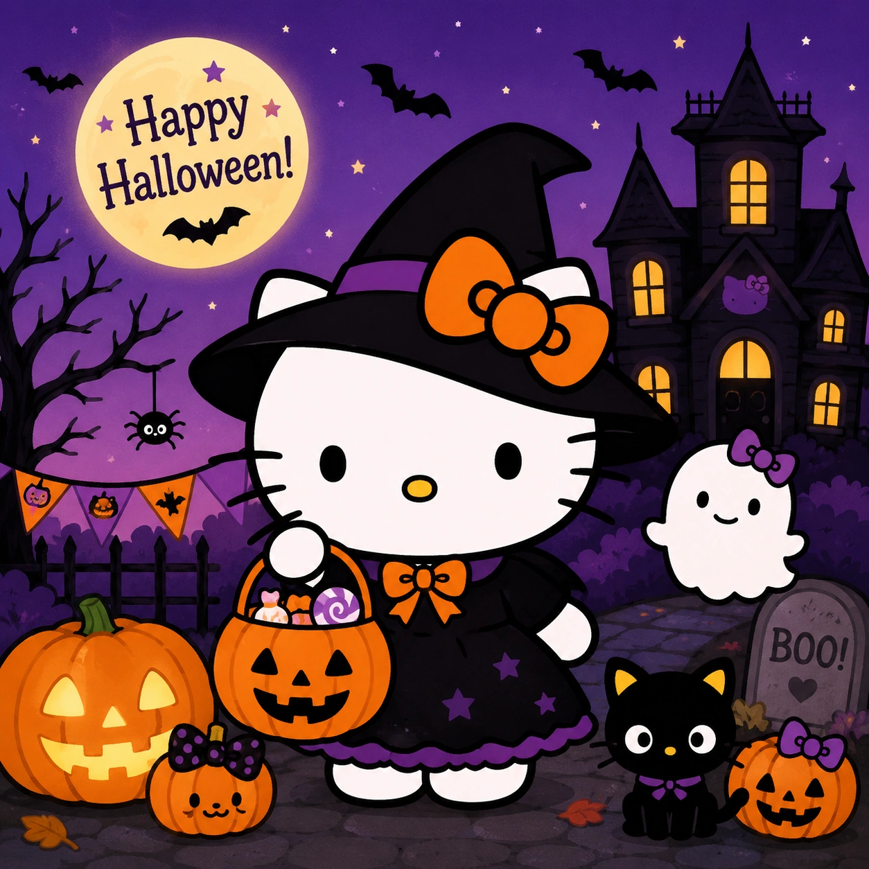 Hello Kitty dressed as a cute witch in a black and purple Halloween costume, holding a pumpkin candy bucket in front of a spooky haunted house. The scene features glowing jack-o'-lanterns, bats, a smiling ghost, a black cat, a full moon with "Happy Halloween!" text, and festive Halloween decorations.