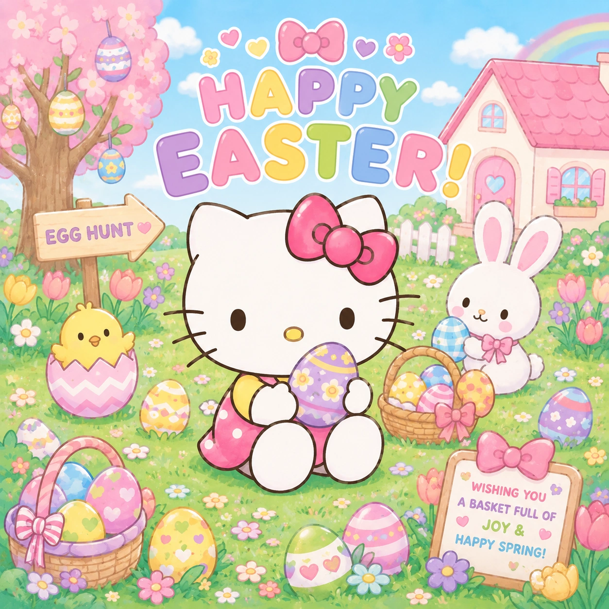 Hello Kitty Easter coloring pages illustration with Hello Kitty holding an Easter egg beside a bunny, chick, and egg hunt garden scene.