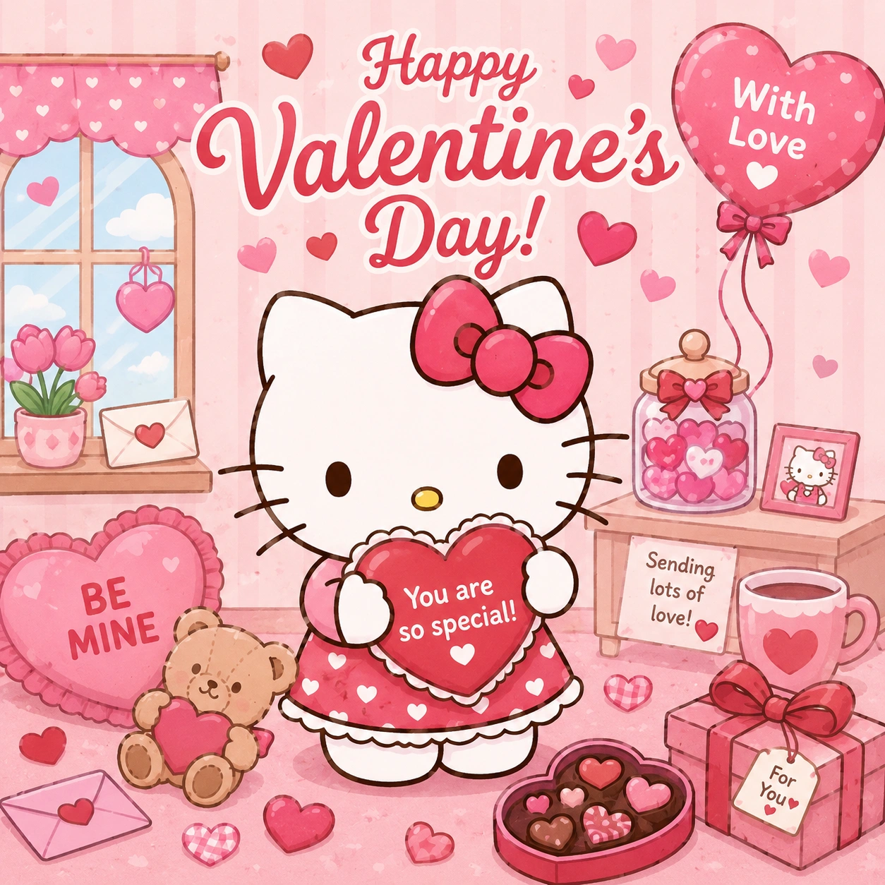 Hello Kitty valentine coloring pages illustration with Hello Kitty holding a heart pillow, surrounded by chocolates, gifts, and a teddy bear.