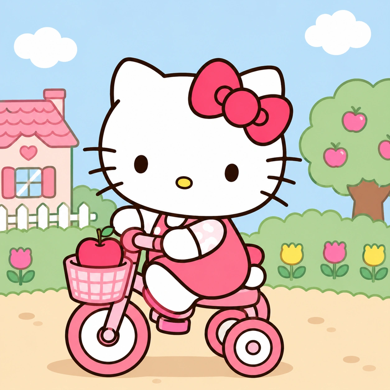 Hello Kitty riding a pink tricycle with an apple basket in a cheerful garden scene, perfect for printable hello kitty coloring pages.