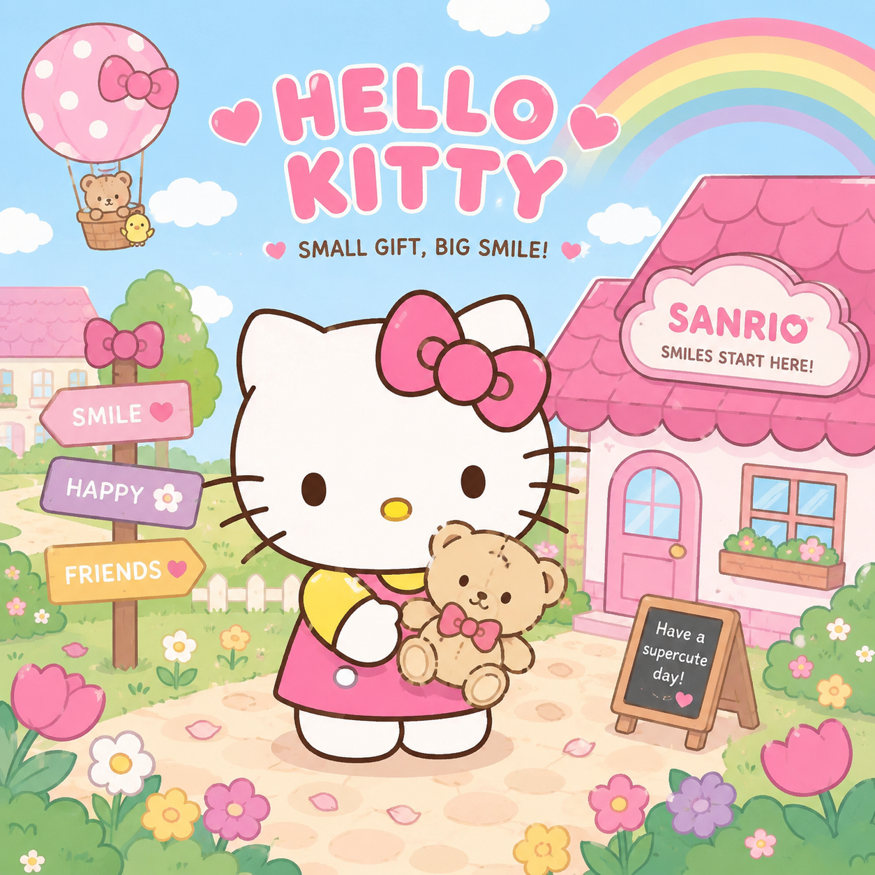 Sanrio Hello Kitty coloring pages illustration featuring Hello Kitty holding a teddy bear in a pastel village with a rainbow and hot air balloon.