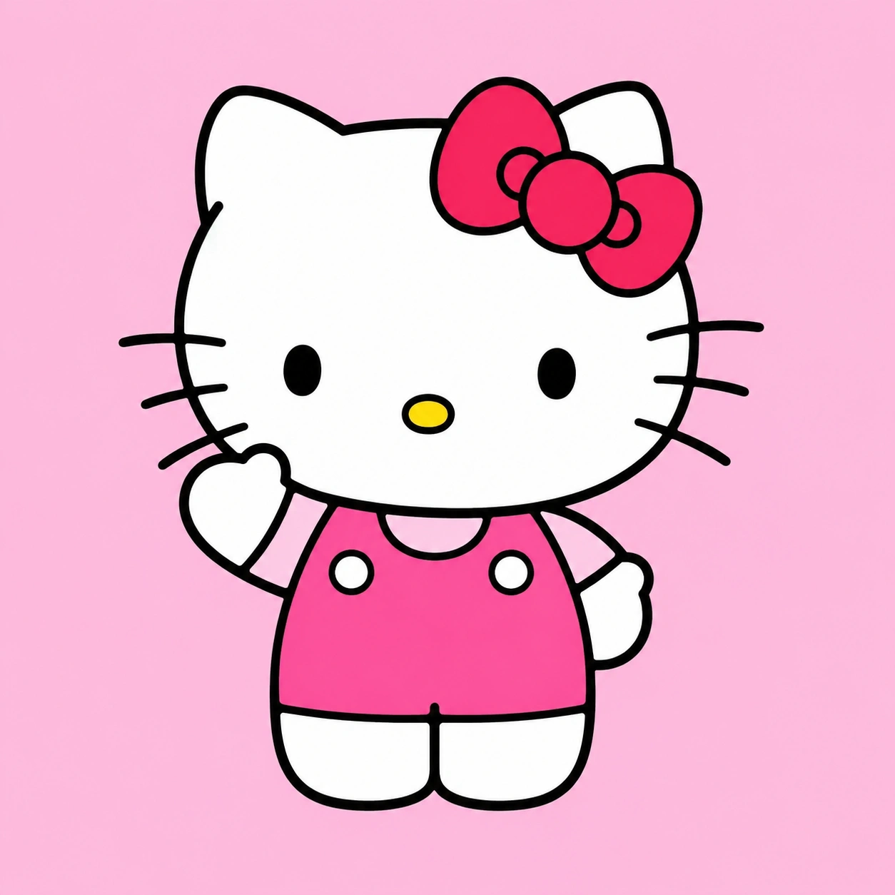 Cute Hello Kitty character waving in a pink dress with a red bow, perfect for hello kitty coloring pages and printable coloring activities.